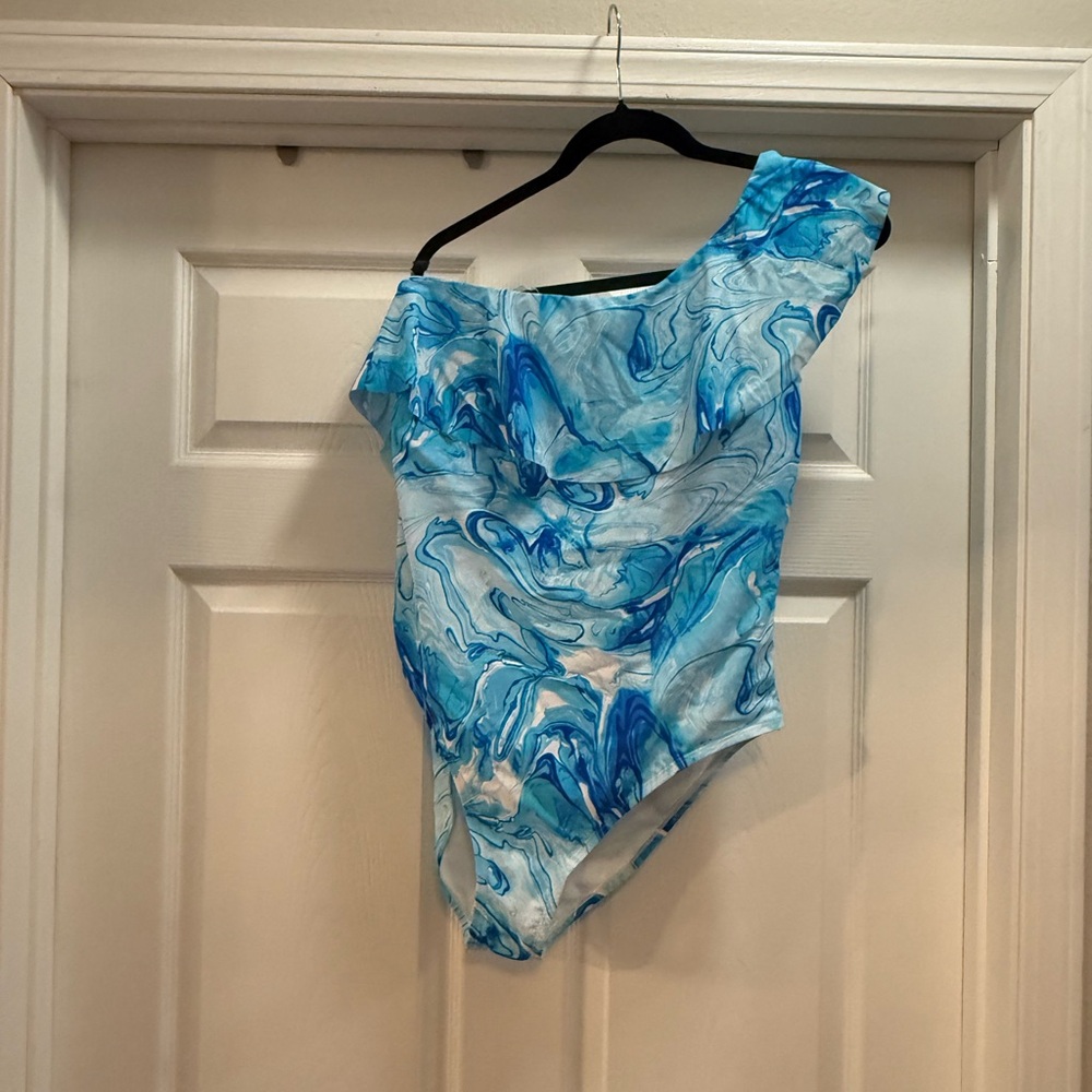 JCPenney Blue and White One Piece Swimsuit with Ruffled One-Shoulder Design